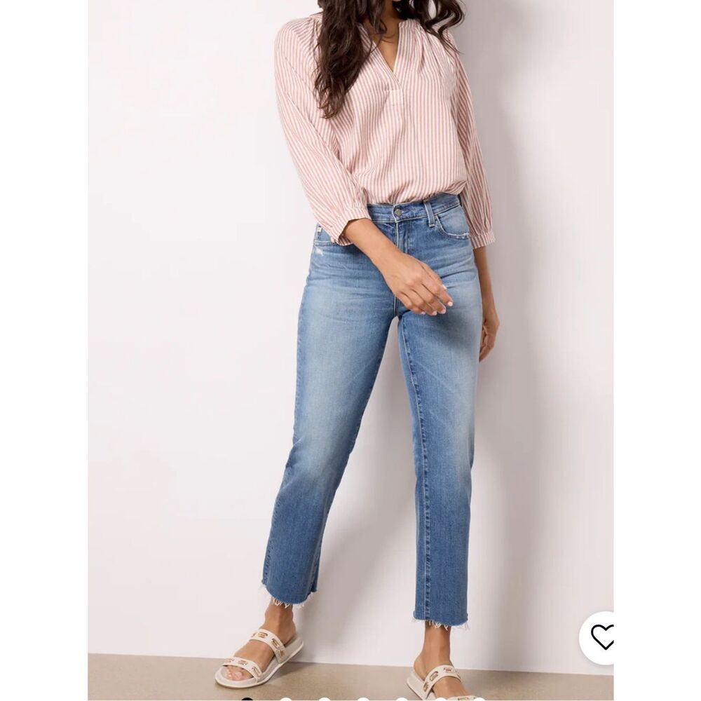 Ag Adriano Goldschmied Light Blue Brinley Cropped Straight Jeans raw hemline 28